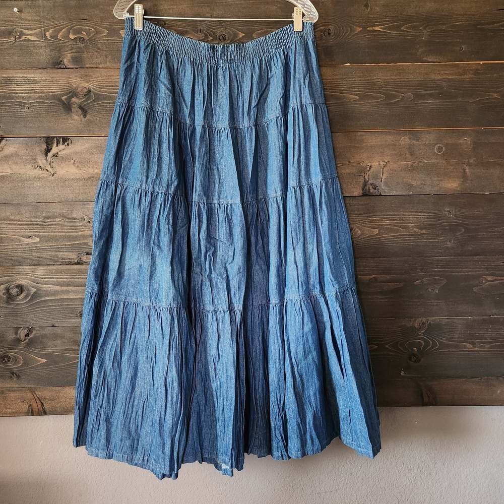 Vtg Tiered Denim Maxi Skirt Women's XL Western Cowgirl Gypsy Boho Jeans - Picture 2 of 9